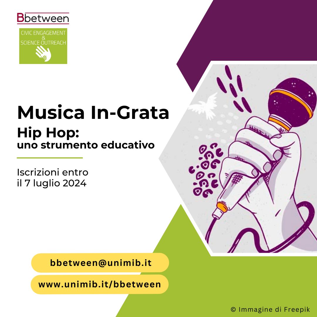 Bbetween Unimib (@bbetween_unimib) on Twitter photo Il percorso-laboratorio MUSICA IN-GRATA si svolgerà presso la Casa Circondariale di Monza: un'esperienza formativa e riflessiva per persone detenute e studenti <a href="/unimib/">Università degli Studi di Milano-Bicocca</a>, che prevede l'utilizzo dell’#HipHop quale mezzo pedagogico.
Info e iscrizioni: unimib.it/eventi/musica-… Il percorso-laboratorio MUSICA IN-GRATA si svolgerà presso la Casa Circondariale di Monza: un'esperienza formativa e riflessiva per persone detenute e studenti <a href="/unimib/">Università degli Studi di Milano-Bicocca</a>, che prevede l'utilizzo dell’#HipHop quale mezzo pedagogico.
Info e iscrizioni: unimib.it/eventi/musica-…