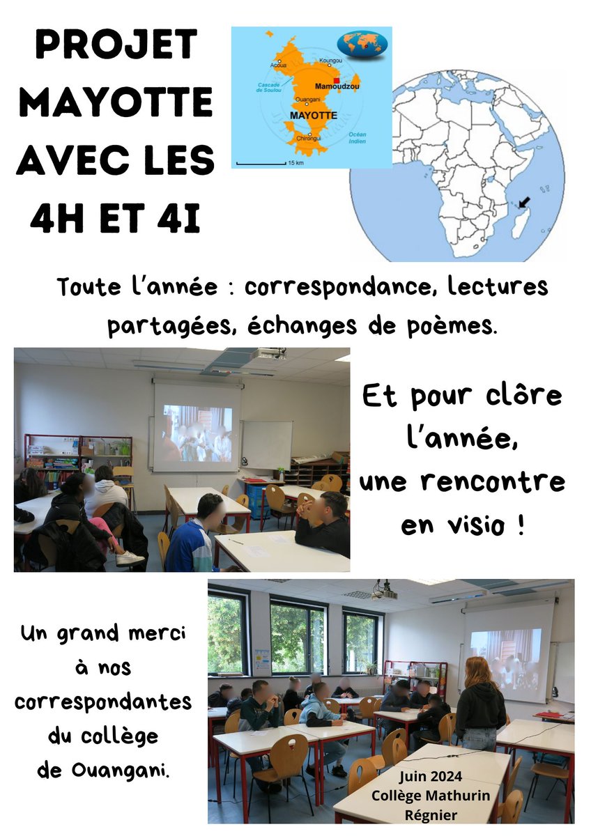 Ce matin au CDI, clôture du projet Mayotte. 
Visio avec des élèves du collège de Ouangani, pour un échange de questions-réponses.
Plein de thèmes abordés : les conditions de vie différentes, la nourriture, les loisirs...
Merci aux élèves de Mayotte pour ce chouette moment😍