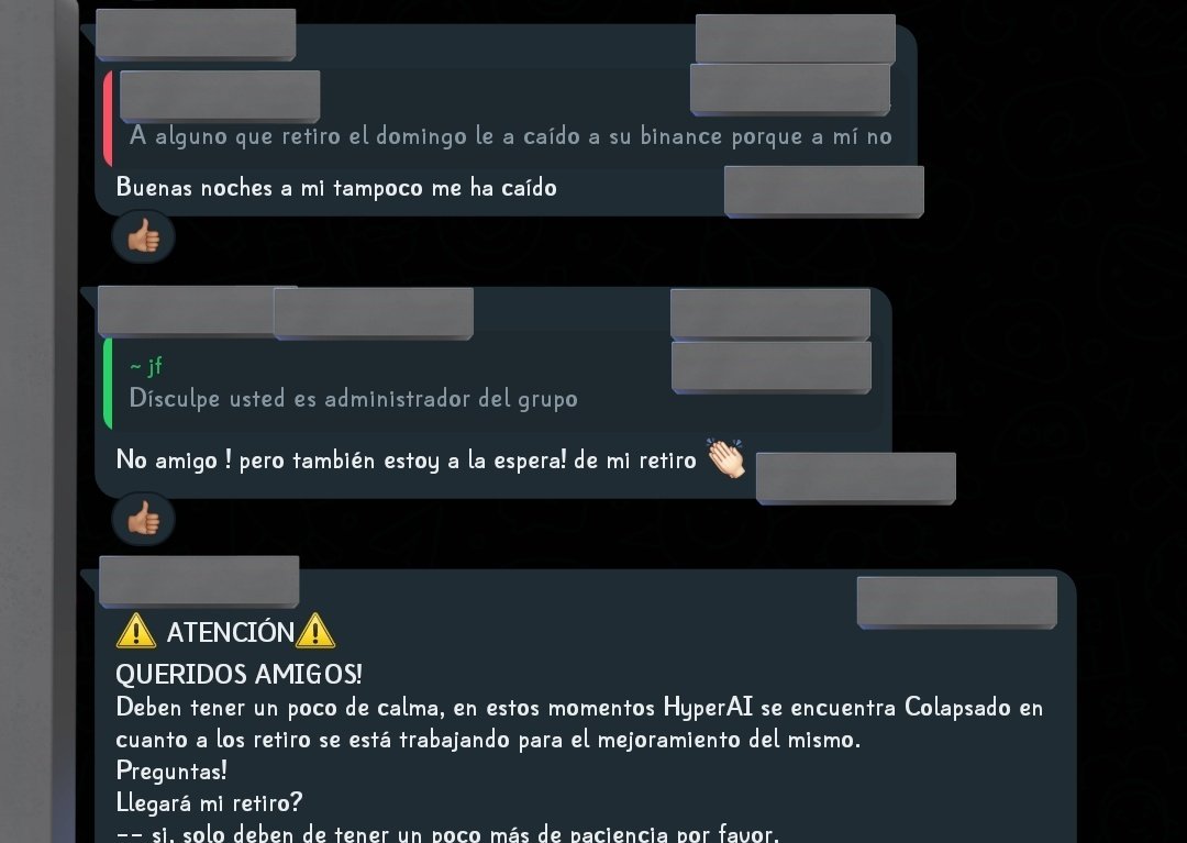 Otra de las ponzi más sonada a parte de SolesBot ha muerto. No hay retiros aproximadamente desde el domingo. 

Hyper Ai como suele llamarse ya ha cancelado los retiros debido a una supuesta actualización.

Hay que destacar que al caer SolesBot sacude el mundo ponzi y los