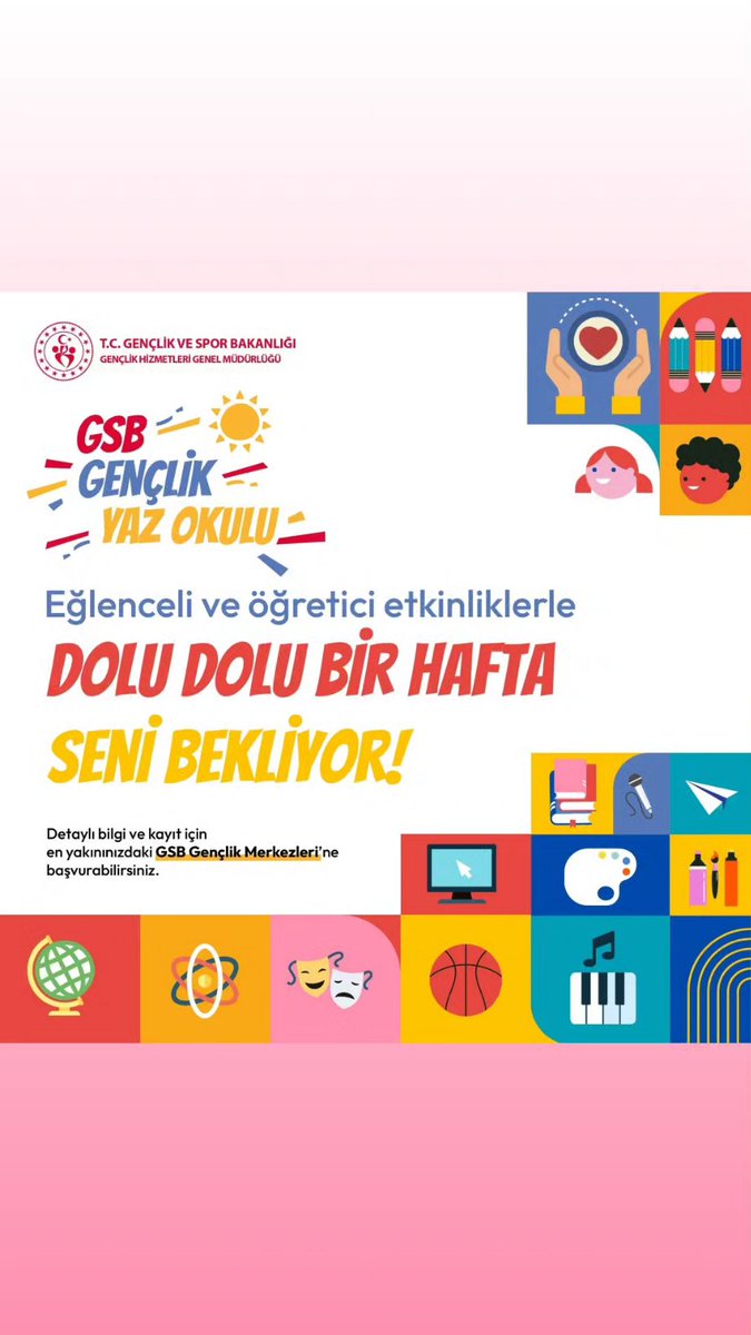 Bu Yaz Neredeyim Diye Düşünme! 
GSB GENÇLİK YAZ OKULU SENİNLE!🤓😎
GSB Gençlik Yaz Okulu, 1 Temmuz-1 Eylül tarihleri arasında 81 ilimizde  başlıyor . 
Detaylı Bilgi ve Gençlik Merkezleri İletişim Bilgilerine Ulaşmak İçin⬇️
ghgm.gsb.gov.tr