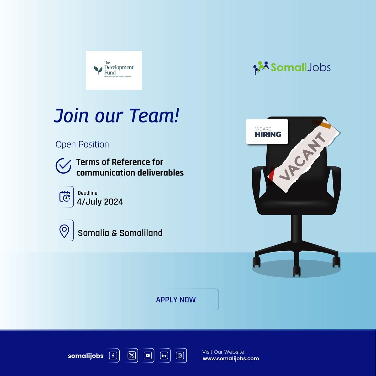Somalijobs's tweet image. #DevelopmentFund (#DF) -Terms of Reference for communication deliverables 
APPLY NOW --&amp;gt; somalijobs.com/jobs/somalia-a… 
Deadline: 4/July 2024 
#Somalijobs