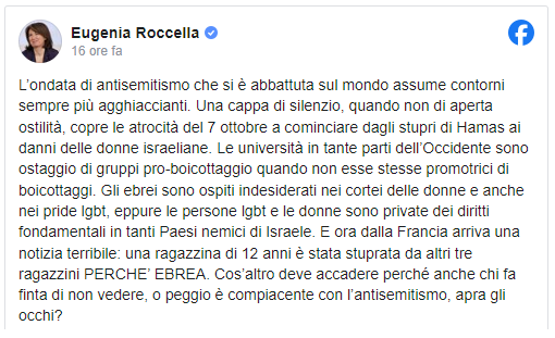 Apprezzo profondamente la chiarezza morale e la coerenza della ministra Roccella.

Il riconoscimento dei brutali atti di violenza sessuale perpetrati come arma da guerra dai terroristi di Hamas sulle donne israeliane, dovrebbe essere scontato.

Ma, sfortunatamente, quando si