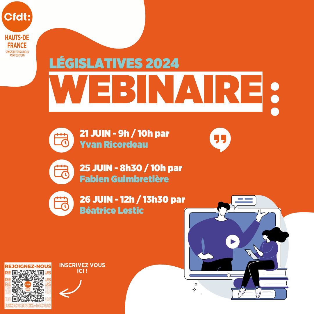 📢 Participez aux webinaires CFDT pour échanger sur notre positionnement électoral ! 💬

🗓️ Vendredi 21 juin, de 9h à 10h avec Yvan Ricordeau 

🗓️ Mardi 25 juin, de 8h30 à 10h avec Fabien Guimbretière

🗓️ Mercredi 26 juin, de 12h à 13h30 avec Béatrice Lestic

 #CFDT #Webinaires