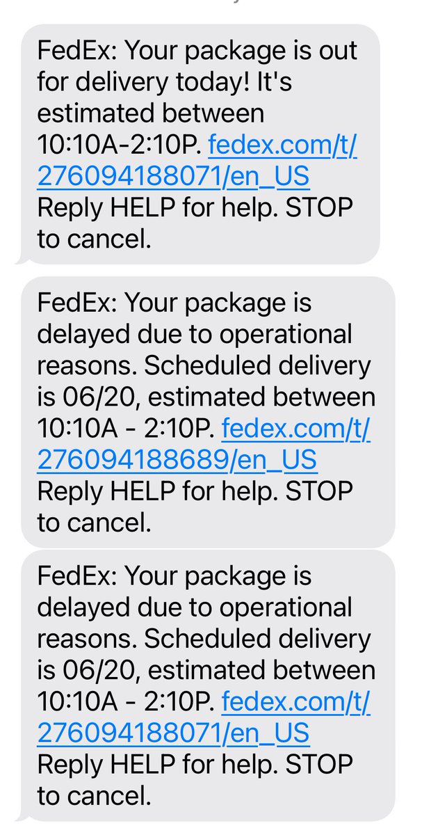 This is my text thread every day I have a package from <a href="/fedex/">FedEx</a> scheduled to be delivered.