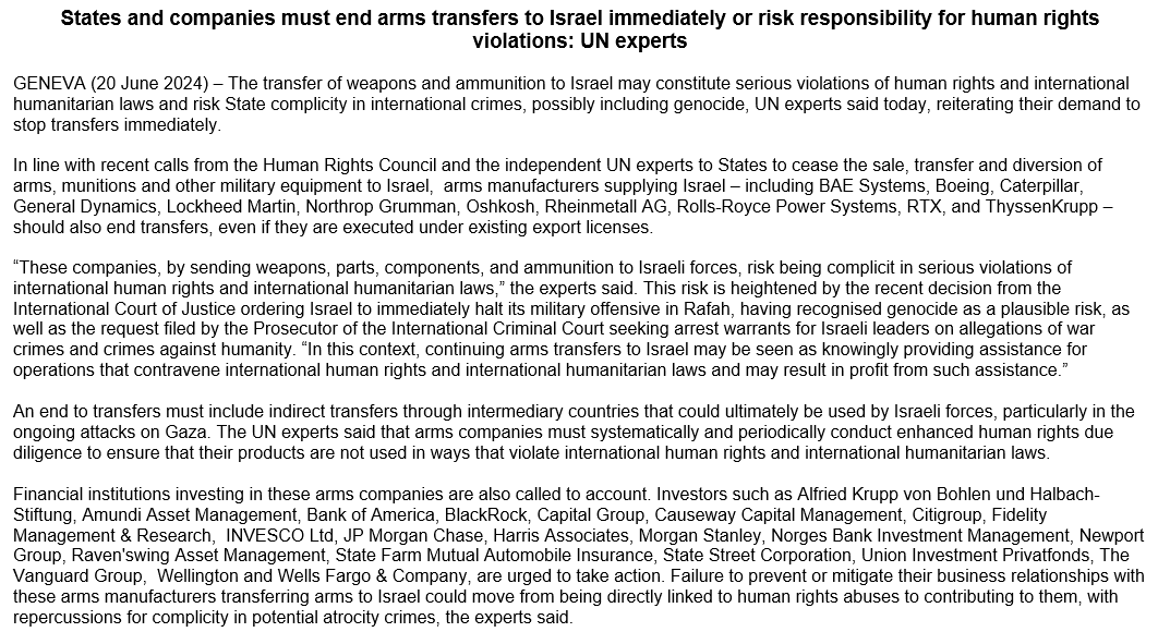 NoticiasONU's tweet photo. 🔴 Expertos de la ONU piden a los Estados, fabricantes de armas e inversores detener las transferencias a #Israel porque pueden "entrañar el riesgo de complicidad" en crímenes internacionales,  "incluyendo posiblemente el genocidio". https://t.co/g3esfTIZzb