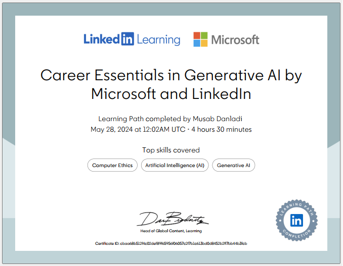 YakubuMusab's tweet photo. Huge thanks to @3MTTNigeria Team, @LinkedIn Learning, @Microsoft , @CiscoNetAcad  and
@bosuntijani for providing me with amazing online courses to enhance my software development skills. your resources has been incredibly helpful in my learning journey
#My3MTT #MyLearningJournal https://t.co/A3QaTOXL5b