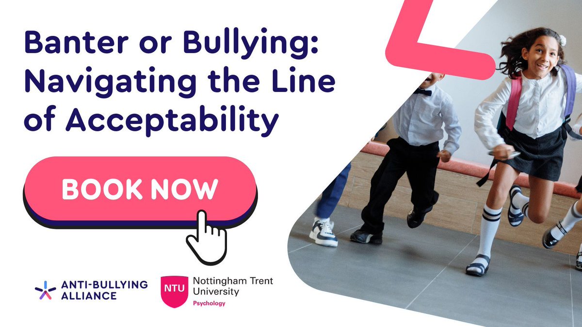 Anti-Bullying Alliance #AntiBullyingWeek (@abaonline) on Twitter photo Join us to launch our new CPD training course for schools, "Banter or Bullying: Navigating the Line of Acceptability", developed in collab with <a href="/PsychologyNTU/">NTU Psychology</a> 🎉
🕐25/06/24, 15:30-17:00
Book your place now👉 eventbrite.co.uk/e/banter-or-bu… Join us to launch our new CPD training course for schools, "Banter or Bullying: Navigating the Line of Acceptability", developed in collab with <a href="/PsychologyNTU/">NTU Psychology</a> 🎉
🕐25/06/24, 15:30-17:00
Book your place now👉 eventbrite.co.uk/e/banter-or-bu…