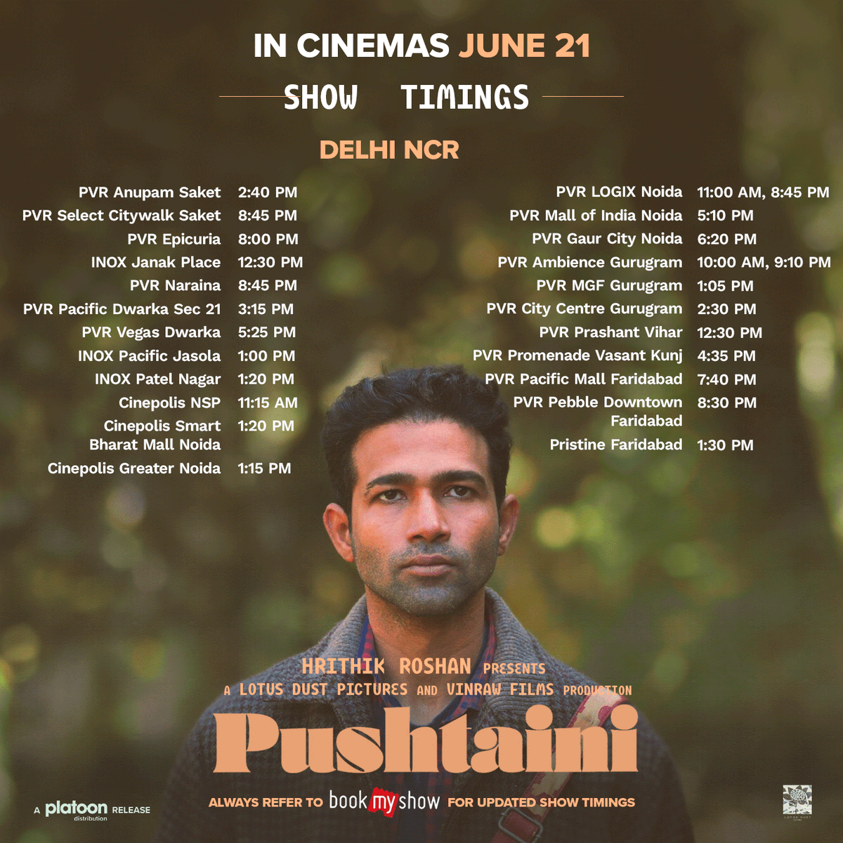 ShiladityaBora's tweet photo. #PUSHTAINI by Vinod Rawat is a very special film for all of us. Thank you @iHrithik for presenting the film.

A #PlatoonDistribution | @PlatoonOneFilms Release

Advance Booking now open. In cinemas from tomorrow.
https://t.co/VS1uzifVl6

Thank you @_PVRCinemas, @INOXMovies , @IndiaCinepolis, MovieTime and other cinemas for supporting the film with some solid programming. 

@LongLive_Cinema