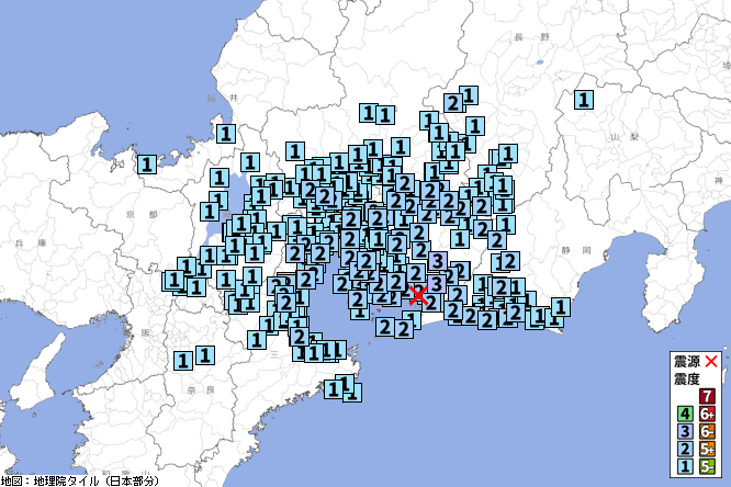 【地震情報】06/20 22:23頃 震度3 三河湾(深さ約40km、M4.5) 津波の心配なし [震度3]愛知県豊川市、新城市 [震度2]愛知県豊橋市、蒲郡市、田原市、豊根村、名...  p2pquake.net/web/