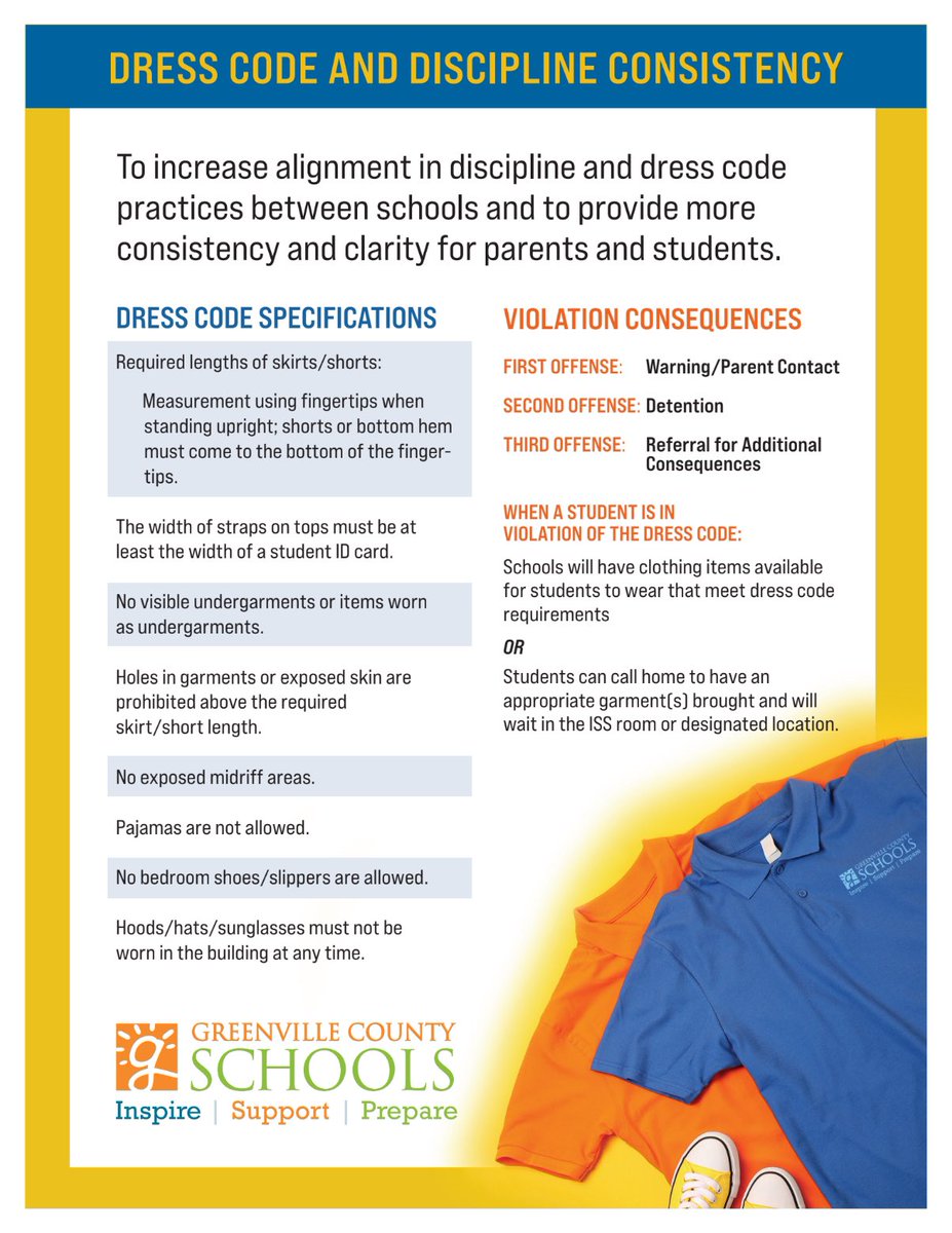 INNvision_FIHS's tweet image. In an effort to increase alignment in discipline and dress code practices between schools and to provide more consistency and clarity for parents and students, we are providing a flier which will give guidance for the 2024-25 school year dress code. #GCS