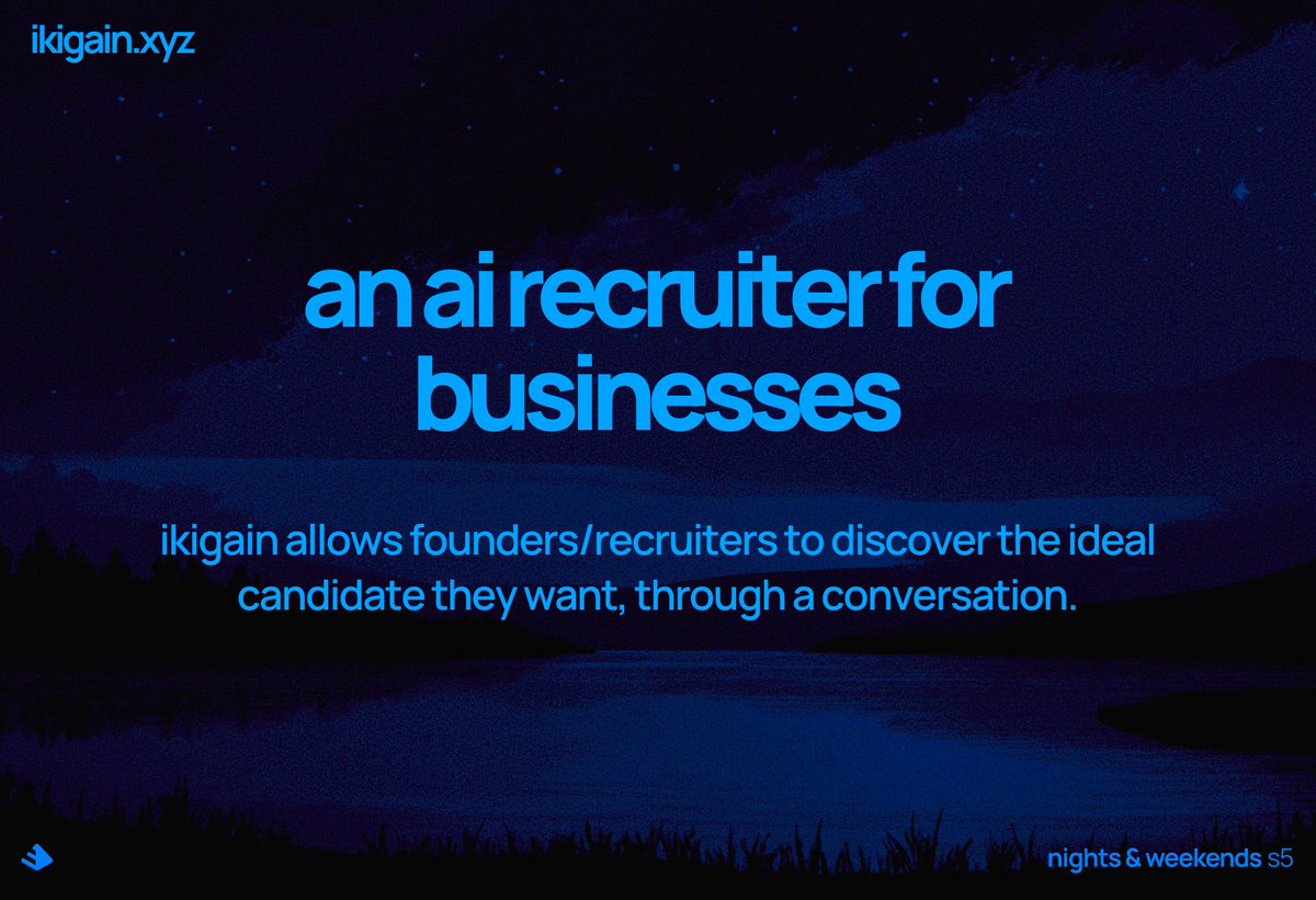 Kshitij Domadia (@kshitijdomadia) on Twitter photo we're developing an AI-hiring assistant that allows you to describe your ideal candidate, and it will find matches that meet your criteria.
enter the waitlist @ ikigain.xyz 📒
cc: <a href="/_nightsweekends/">nights & weekends</a> <a href="/_buildspace/">buildspace</a> <a href="/FarzaTV/">Farza 🇵🇰🇺🇸</a> we're developing an AI-hiring assistant that allows you to describe your ideal candidate, and it will find matches that meet your criteria.
enter the waitlist @ ikigain.xyz 📒
cc: <a href="/_nightsweekends/">nights & weekends</a> <a href="/_buildspace/">buildspace</a> <a href="/FarzaTV/">Farza 🇵🇰🇺🇸</a>