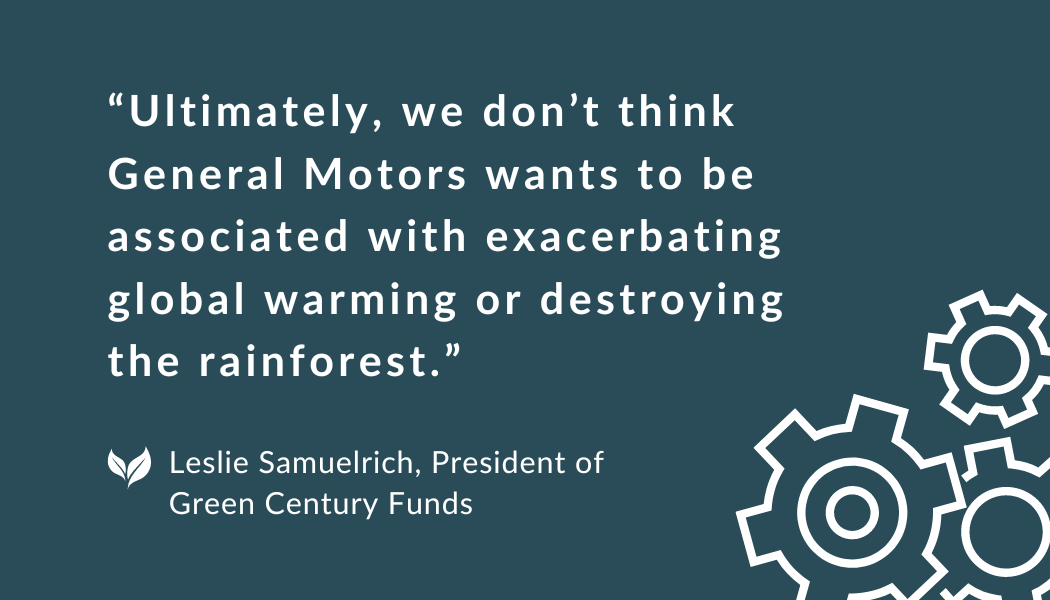 General Motors’ shareholders voted 14.3% in favor of Green Century’s proposal asking GM to improve the sustainability of its aluminum, steel, rubber, and leather supply chains. 

GM’s current approach may contribute to the destruction of biodiverse ecosystems around the world.