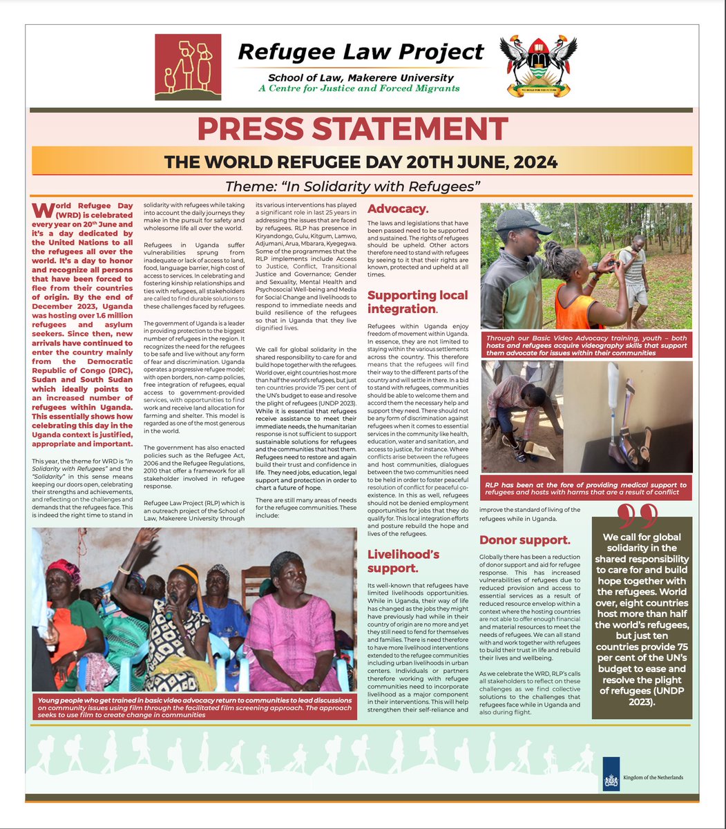 <a href="/refugeelawproj/">Refugee Law Project</a> 

PRESS STATEMENT (THE WORLD REFUGEE DAY 20TH JUNE, 2024)
Theme: "In Solidarity with Refugees"

#WorldRefugeeDay  #WithRefugees
 #WRD2024 #SolidarityWithRefugees