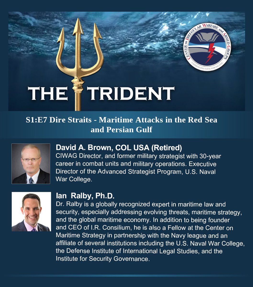 U.S. Naval War College (@navalwarcollege) on Twitter photo ICYMI: Episode7️⃣of The Trident is live! Follow the link to tune in to our latest #podcast episode “Dire Straits - Maritime Attacks in the Red Sea & Persian Gulf” with commentary from expert in maritime law & security Dr. Ian Ralby <a href="/ImRalby/">Ian Ralby</a>!
Tune in here: digital-commons.usnwc.edu/the-trident/7/! ICYMI: Episode7️⃣of The Trident is live! Follow the link to tune in to our latest #podcast episode “Dire Straits - Maritime Attacks in the Red Sea & Persian Gulf” with commentary from expert in maritime law & security Dr. Ian Ralby <a href="/ImRalby/">Ian Ralby</a>!
Tune in here: digital-commons.usnwc.edu/the-trident/7/!