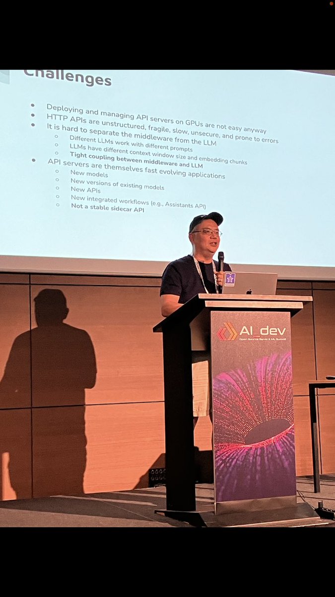 bcamerongain's tweet image. « GPUs have broken » the cloud computing paradigm traditionally on CPUs » for LLMs, but one #Wasm module in a @Docker container can help, from Efficient and Cross-Platform LLM Inference in the Heterogenous Cloud, @juntao of Second State  at the #AIDev Conference in Paris.