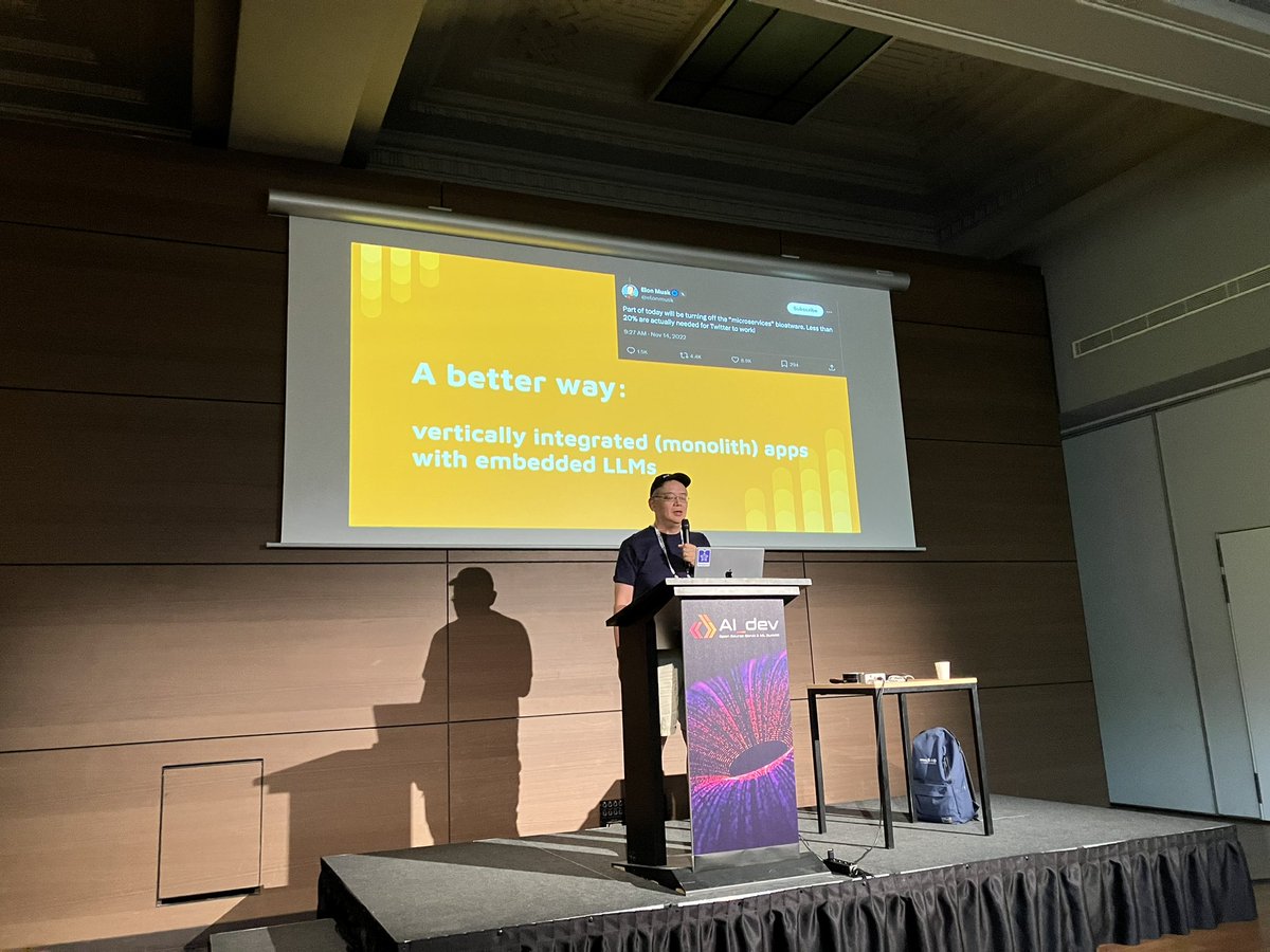 bcamerongain's tweet image. « GPUs have broken » the cloud computing paradigm traditionally on CPUs » for LLMs, but one #Wasm module in a @Docker container can help, from Efficient and Cross-Platform LLM Inference in the Heterogenous Cloud, @juntao of Second State  at the #AIDev Conference in Paris.