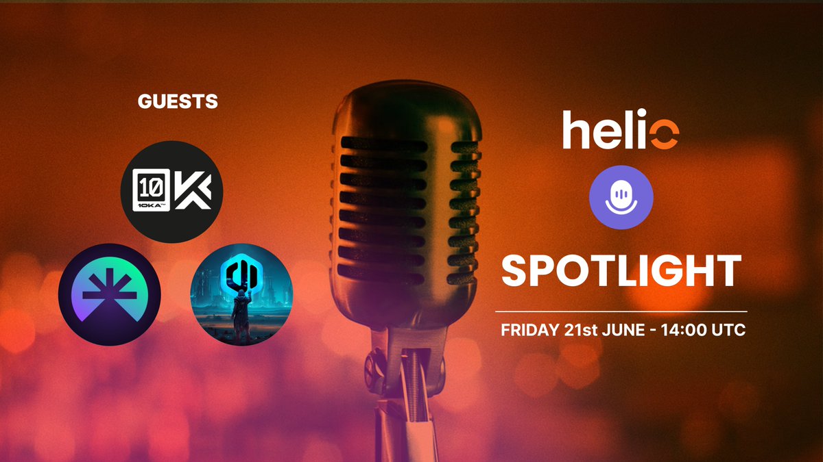 Helio (@helio_pay) on Twitter photo Helio Spotlight 🔦
⏰ FRIDAY 21st JUNE @ 14:00 UTC
🔔 x.com/i/spaces/1ZkKz…
🎙️ Host: @adam_S0l
Guests:
🔸 <a href="/decimated_game/">DECIMATED - Official</a>
🔸 <a href="/SHOWTIME_WATCH/">Showtime | Solana Watch @ Radar</a>
🔸 <a href="/10kaOfficial/">10KA👟</a>
We'll be discussing the latest Helio updates AND potentially announcing some huge news ......
Don't miss it 🧡 Helio Spotlight 🔦
⏰ FRIDAY 21st JUNE @ 14:00 UTC
🔔 x.com/i/spaces/1ZkKz…
🎙️ Host: @adam_S0l
Guests:
🔸 <a href="/decimated_game/">DECIMATED - Official</a>
🔸 <a href="/SHOWTIME_WATCH/">Showtime | Solana Watch @ Radar</a>
🔸 <a href="/10kaOfficial/">10KA👟</a>
We'll be discussing the latest Helio updates AND potentially announcing some huge news ......
Don't miss it 🧡