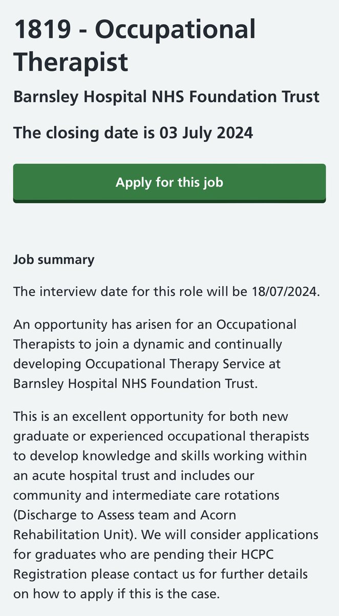 jobs.nhs.uk/candidate/joba…

Come &amp; join our team at Barnsley Hospital as a Rotational Occupational Therapist. See more details in the link attached 👏🏻