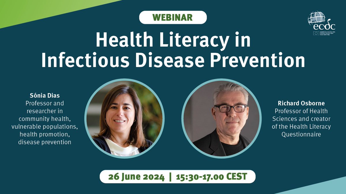 ECDC (@ecdc_eu) on Twitter photo Join us for a #webinar unpacking the critical role of #HealthLiteracy in preventing infectious diseases, including assessment methods & practical examples of community engagement.
With <a href="/RichardOsborne4/">Professor Richard H Osborne</a> & Sonia Dias - <a href="/ENSPNOVA/">Escola Nacional de Saúde Pública / ENSP-NOVA</a>.
26.06 - 15:30-17.00 CEST
bit.ly/45zX7MB Join us for a #webinar unpacking the critical role of #HealthLiteracy in preventing infectious diseases, including assessment methods & practical examples of community engagement.
With <a href="/RichardOsborne4/">Professor Richard H Osborne</a> & Sonia Dias - <a href="/ENSPNOVA/">Escola Nacional de Saúde Pública / ENSP-NOVA</a>.
26.06 - 15:30-17.00 CEST
bit.ly/45zX7MB