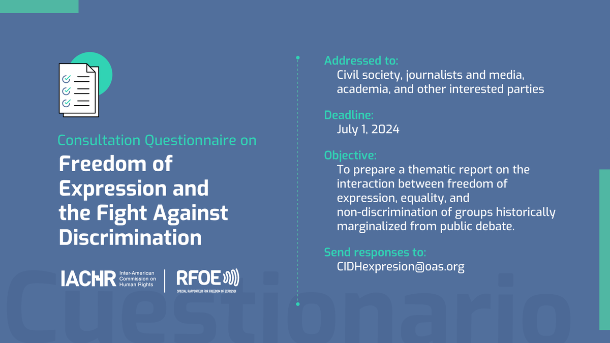 RELE_CIDH's tweet photo. The @RELE_CIDH reminds that its public consultation on #FreedomExpression and unprotected speech in addition to accepting written submissions will also have a space of online public consultation. 

You can apply for registration until June 21. 

Details: https://t.co/ZP4GXsgvRG https://t.co/6tQc6d2Rc8
