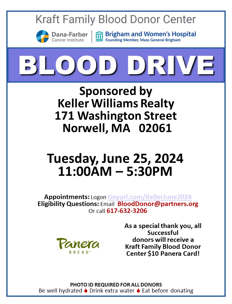 Kraft Family Blood Donor Center
<a href="/KraftBloodDonor/">Kraft Family Blood Donor Center</a>
·
Jun 18
Blood Donors are the lifeline to our local community patients. Help replenish our hospital blood supply by donating blood today. Our bloodmobile will be going to Norwell, Tuesday, June 25, 2024. Please make an appointment.