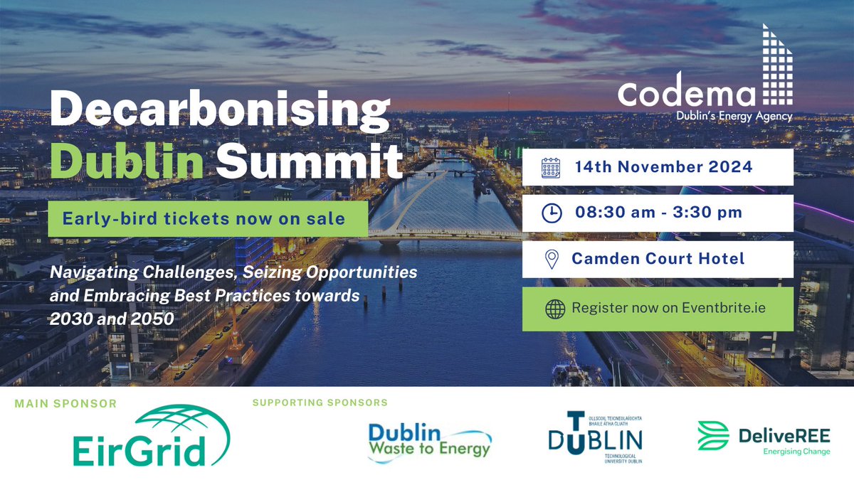 CodemaDublin's tweet image. 👥 We've a great group rate of 5 early-bird tickets for the price of 4, so now more of your team can join the #DecarbonisingDublin Summit! 
💚 Join the discussion on how Dublin can become a leading European capital on climate mitigation!
🎟️ bit.ly/4c3hzaI