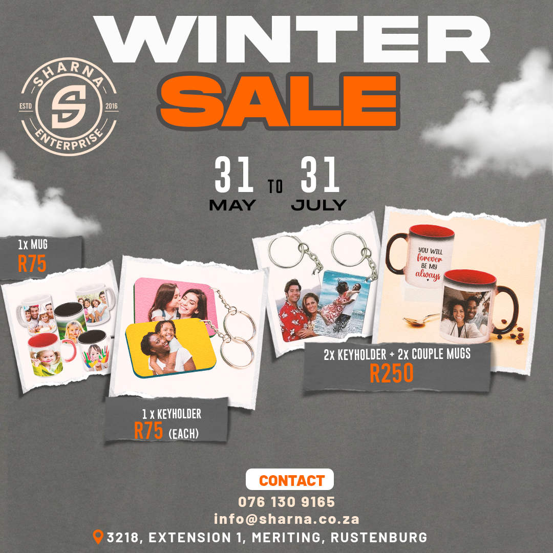 Sharna Enterprise (@sharnarsa) on Twitter photo Keyholder & Mug Printing Winter Sale
N.B We supply and Print, Offer valid until 31 July 2024
Phone: 0761309165
Email: info@sharna.co.za
Office: 3218 Extension 1, Meriting, Rustenburg Keyholder & Mug Printing Winter Sale
N.B We supply and Print, Offer valid until 31 July 2024
Phone: 0761309165
Email: info@sharna.co.za
Office: 3218 Extension 1, Meriting, Rustenburg
