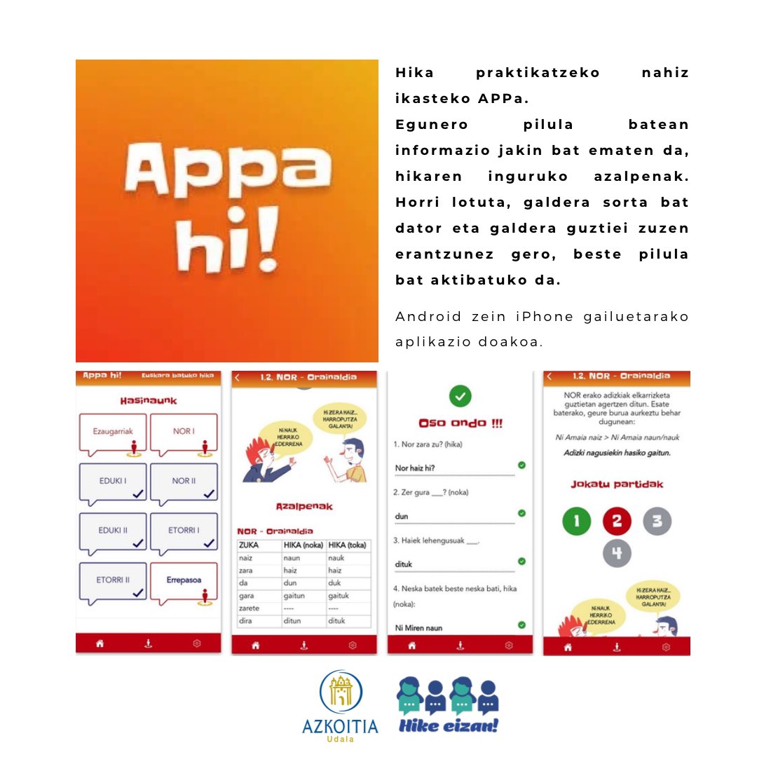 📲Gaur APPA HI! Hike ikixteko ta praktikatzeko aplikazixue aurkeztu diñau/diau. Modu errexien toka ta noka praktikatzeko aukera ematein/emateik.
Aplikaixue doan den/dek, deskargau ta saxau galderak erantzuten!😉
#hikeeizan