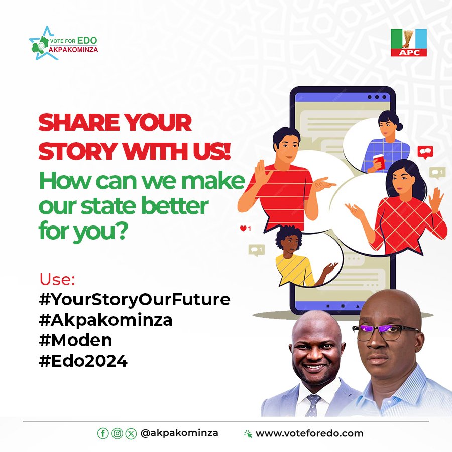 Akpakominza's tweet image. Are you passionate about the future of Edo state?

Your voice matters, and your story could shape our policies and actions. Share your experiences, dreams, and suggestions using the hashtags

#YourStoryOurFuture, 
#Akpakominza,
#Moden,
and #Edo2024.