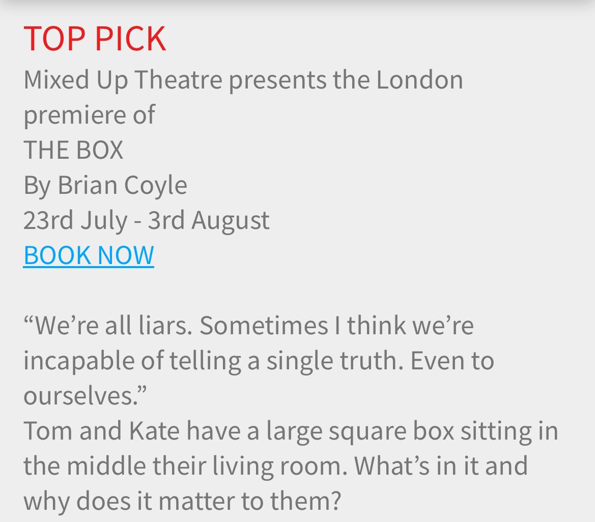 Sarah Lawrie (@la_lawrie) on Twitter photo Oooooh look! 👀 #THEBOX <a href="/WhiteBearTheatr/">White Bear Theatre</a> is a <a href="/pubtheatres1/">LondonPubTheatres</a> TOP PICK for July! Presented by @MixedUpTheatr, starring <a href="/J_MartinEdwards/">Martin Edwards</a> and yours truly.
🎫 whitebeartheatre.co.uk/whatson/the-box 📦 Oooooh look! 👀 #THEBOX <a href="/WhiteBearTheatr/">White Bear Theatre</a> is a <a href="/pubtheatres1/">LondonPubTheatres</a> TOP PICK for July! Presented by @MixedUpTheatr, starring <a href="/J_MartinEdwards/">Martin Edwards</a> and yours truly.
🎫 whitebeartheatre.co.uk/whatson/the-box 📦