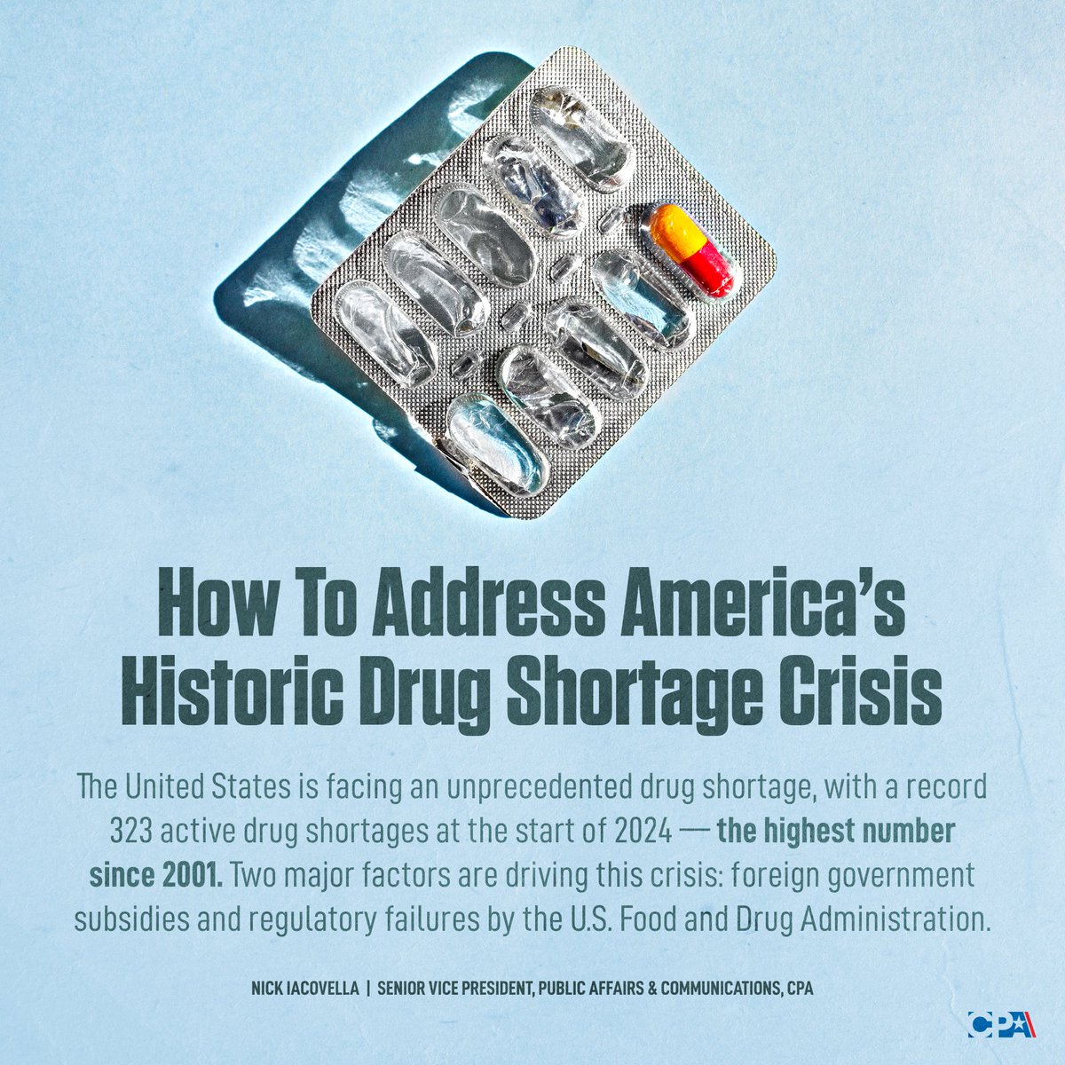 America has become dangerously dependent on foreign manufacturers—particularly in China &amp; India—for generic drugs.

CPA's @NickIacovella examines how to secure U.S. drug supply chains &amp; ensure patients have access to safe, quality, reliable medication.

🔗 tinyurl.com/3m8c2r7n