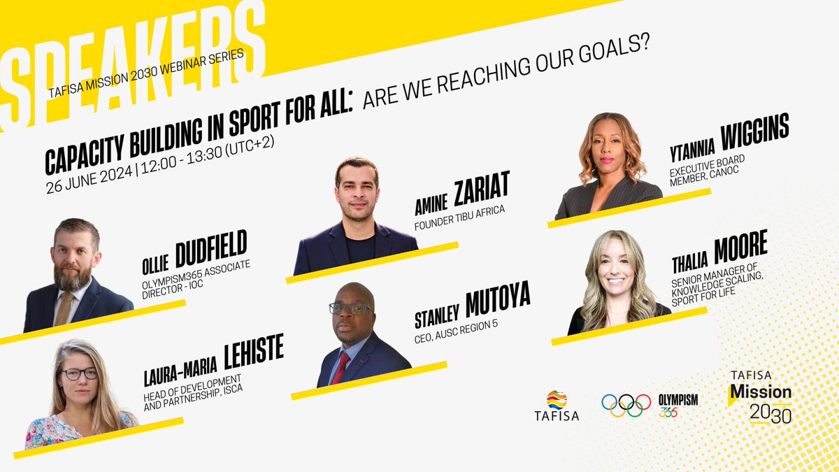 TAFISA (@tafisaoffice) on Twitter photo 🎤Meet our speakers for the Mission 2030 Webinar on “Capacity Building in Sport for All: Are We Reaching Our Goals?”
📅26 June 2024 🕛12:00-13:30 (UTC+2/CEST)
🎟️Register now: us06web.zoom.us/webinar/regist…
<a href="/Olympics/">The Olympic Games</a> TIBU Africa <a href="/CanocSports/">CANOC SPORTS</a> <a href="/ISCA_tweet/">ISCA</a> <a href="/ausc_region_5/">AUSC Region 5</a> <a href="/SportForLife_/">Sport for Life</a> 🎤Meet our speakers for the Mission 2030 Webinar on “Capacity Building in Sport for All: Are We Reaching Our Goals?”
📅26 June 2024 🕛12:00-13:30 (UTC+2/CEST)
🎟️Register now: us06web.zoom.us/webinar/regist…
<a href="/Olympics/">The Olympic Games</a> TIBU Africa <a href="/CanocSports/">CANOC SPORTS</a> <a href="/ISCA_tweet/">ISCA</a> <a href="/ausc_region_5/">AUSC Region 5</a> <a href="/SportForLife_/">Sport for Life</a>