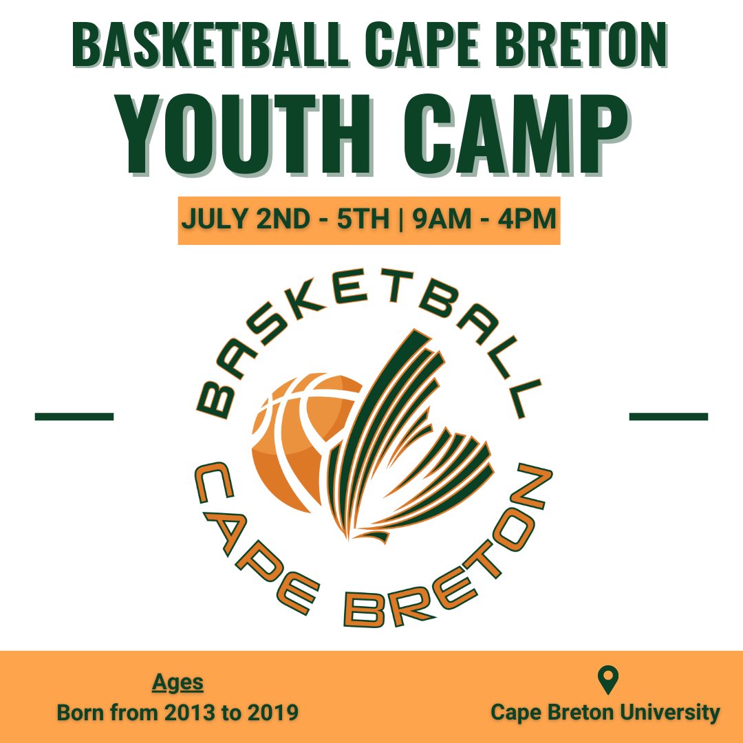 Basketball Cape Breton (@basketballcb) on Twitter photo 👥 Participants: Born between 2013 & 2019
📅 Dates: July 2nd, 3rd, 4th & 5th
🕘 Time: 9 AM - 4 PM
📍 Location: Cape Breton University
💲 Cost: $200
Register now through the Linktree in our bio.
any questions, email hello@basketballcapebreton.com. 👥 Participants: Born between 2013 & 2019
📅 Dates: July 2nd, 3rd, 4th & 5th
🕘 Time: 9 AM - 4 PM
📍 Location: Cape Breton University
💲 Cost: $200
Register now through the Linktree in our bio.
any questions, email hello@basketballcapebreton.com.