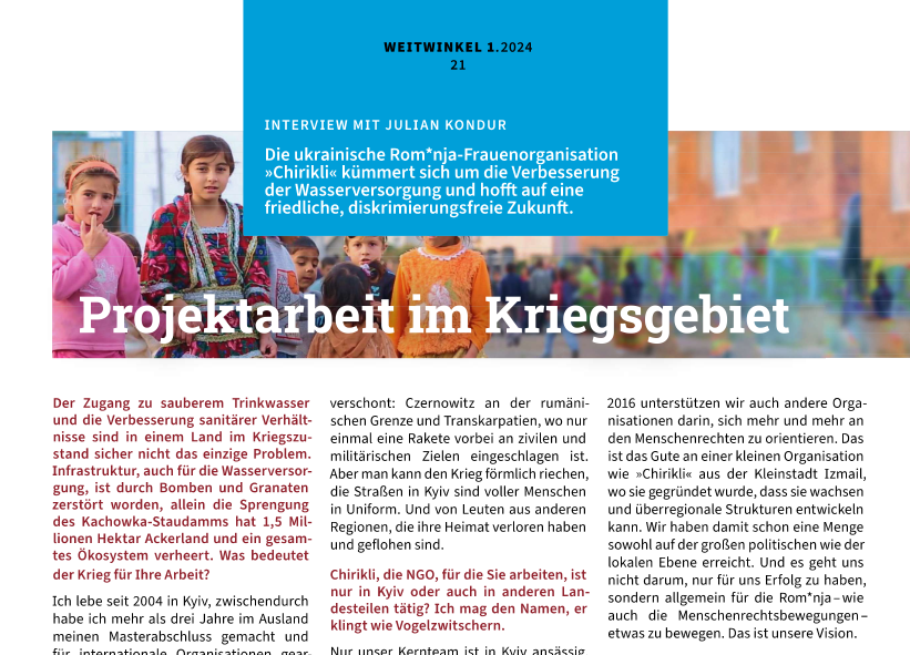 WEITWINKEL 01/2024: Lesen Sie zum #Weltflüchtlingstag über die unzureichende #Wasserversorgung der Rom*nja in der Ukraine vor und während des aktuellen #Krieges: tinyurl.com/29ey8mld (S.21-3) <a href="/Chiricli1/">Chiricli</a> und SODI unterstützen binnenvertriebene Rom*nja im Westen des Landes.