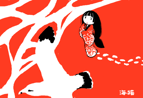 ウミネコ。黄色い足がチャーミングだけど足が見えない絵なので赤黒に。