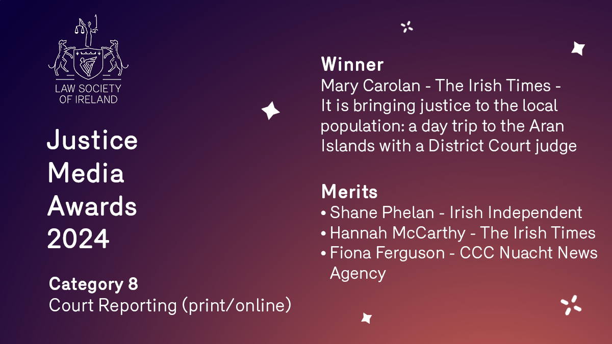 Three merit certificates are awarded in the Court Reporting – Print / Online category. Congratulations to Shane Phelan (<a href="/Independent_ie/">Irish Independent</a>), Hannah McCarthy (<a href="/IrishTimes/">The Irish Times</a>) and Fiona Ferguson (CCC Nuacht News Agency). #JMA24