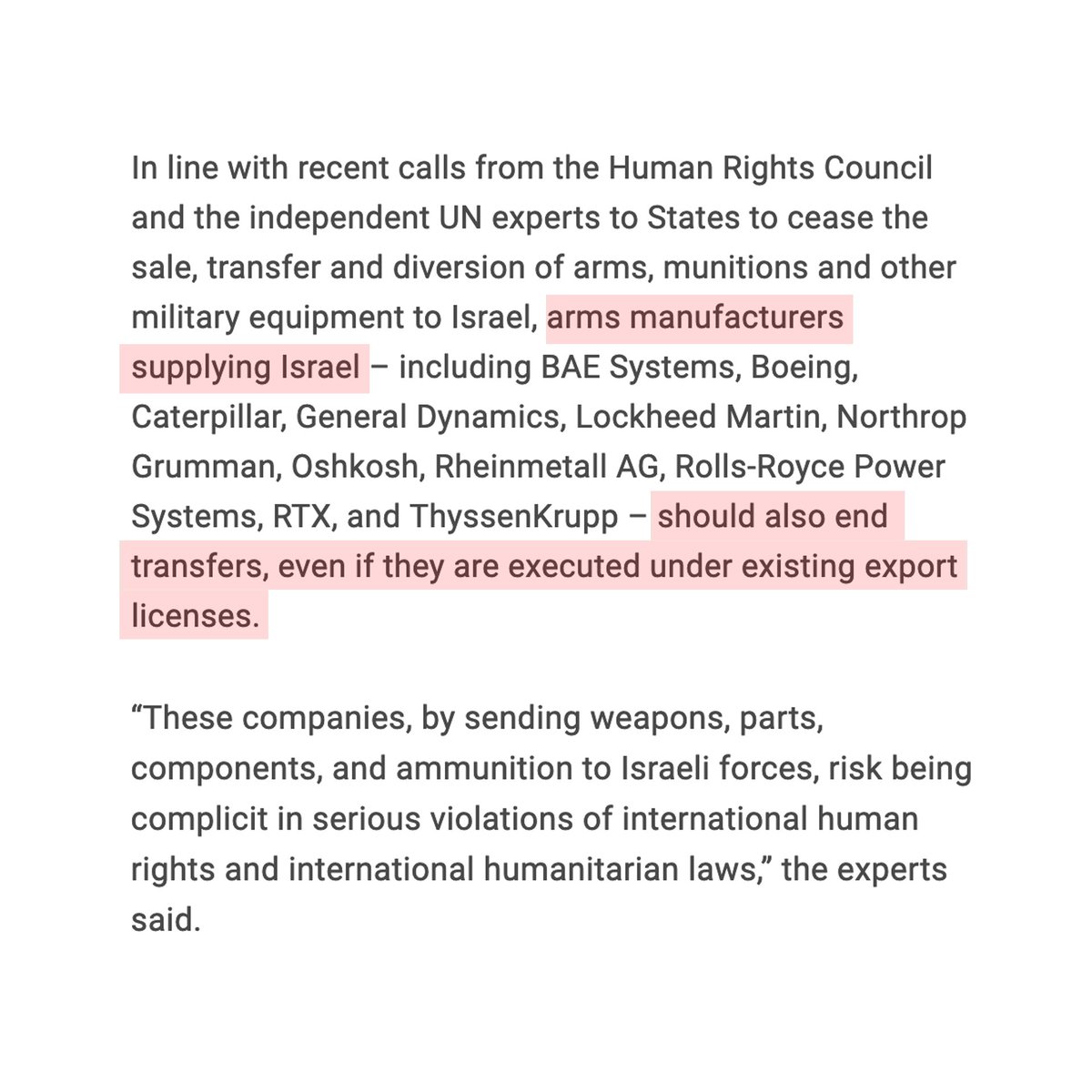Just minutes later, over 30 UN Experts have now issued the same advice to arms firms as ourselves, <a href="/CAATuk/">Campaign Against Arms Trade</a>, <a href="/GLAN_LAW/">GLAN | Global Legal Action Network</a> &amp; <a href="/WarOnWant/">War on Want</a>.

A government's complicity in Israel's war crimes is no excuse.

Cease arms sales immediately, or risk criminal liability.
ohchr.org/en/press-relea…