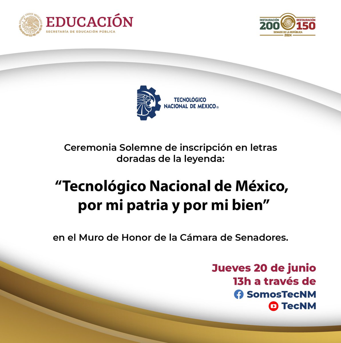 #ComunidadTecNM 
Acompáñanos hoy a las 13h en la transmisión #EnVivo de la Inscripción en Letras Doradas del Tecnológico Nacional de México en el Muro de Honor de la Cámara de Senadores.