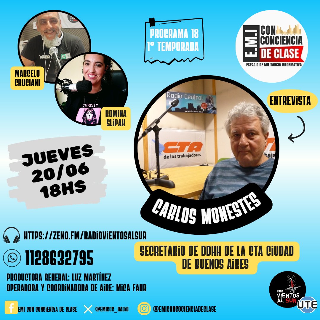 🖤 #Hoy, #jueves, desde las 18hs por @radiovientosalsur 📻
❤️Link para escucharnos en vivo zeno.fm/RadioVientosAl… 
🧡#EMI #EspacioDeMilitanciaInformativa
🤍#ConConcienciaDeClase

#RadioEnVivo #DDHH #Cta #trabajadores #represión #LeyBases #Ajuste #actualidad #entrevista #radio
