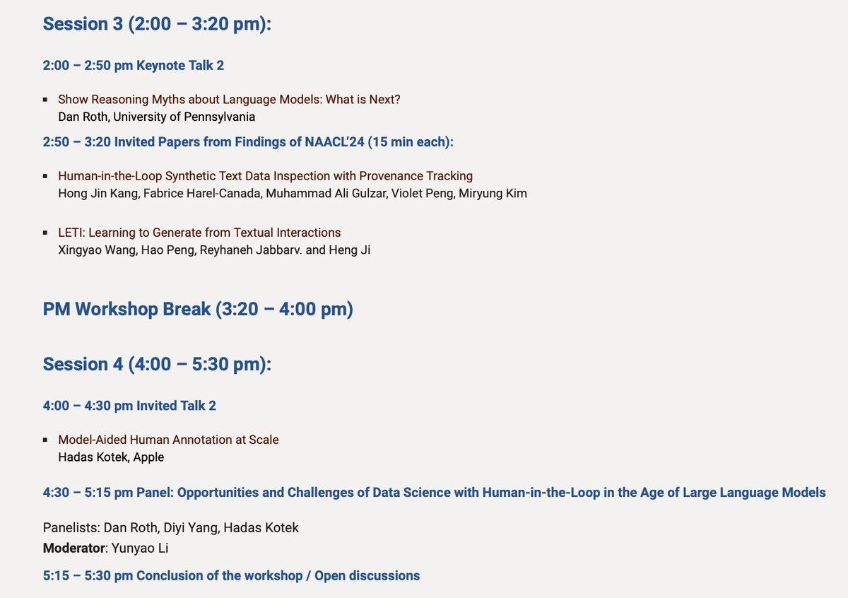 👋 Today is a big day! 

Join us at Don Julian for an exciting day on Data Science with Human-in-the-Loop. 

* Keynote talks: <a href="/MartiHearst/">Marti Hearst</a> , <a href="/DanRothNLP/">Dan Roth</a> 
* Invite talks: <a href="/Diyi_Yang/">Diyi Yang</a>, @HadasKotek 
* Panel: <a href="/DanRothNLP/">Dan Roth</a> , <a href="/Diyi_Yang/">Diyi Yang</a> , @HadasKotek 
* Paper presentations