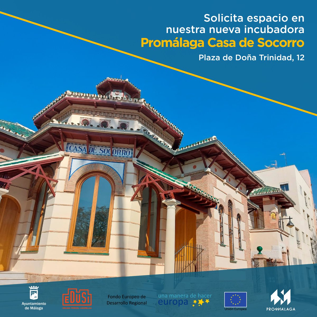 Abierto el plazo para solicitar espacio en nuestra nueva #incubadora '#Promálaga Casa de Socorro'. Ofrece 20 espacios para personas físicas o jurídicas con una actividad empresarial y/o profesional relacionada con las industrias creativas. Formulario aquí: ow.ly/wewo50Smnal