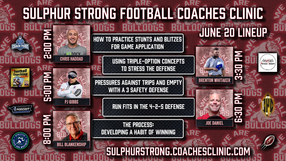 Daniel Chamberlain (@coachchambook) on Twitter photo GOOOOOOD Morning, Coaches!
Put your 4's in the air, it's the 4th quarter! Our quarter!
Day 4 of the #SulphurStrong Football Coaches Clinic kicks off at 2 PM C with <a href="/chrisvIQtory/">Chris Haddad</a> showing us how to make practice look more like the games.
Then we get <a href="/coach_whitaker/">Brenton Whitaker</a> keeping it GOOOOOOD Morning, Coaches!
Put your 4's in the air, it's the 4th quarter! Our quarter!
Day 4 of the #SulphurStrong Football Coaches Clinic kicks off at 2 PM C with <a href="/chrisvIQtory/">Chris Haddad</a> showing us how to make practice look more like the games.
Then we get <a href="/coach_whitaker/">Brenton Whitaker</a> keeping it