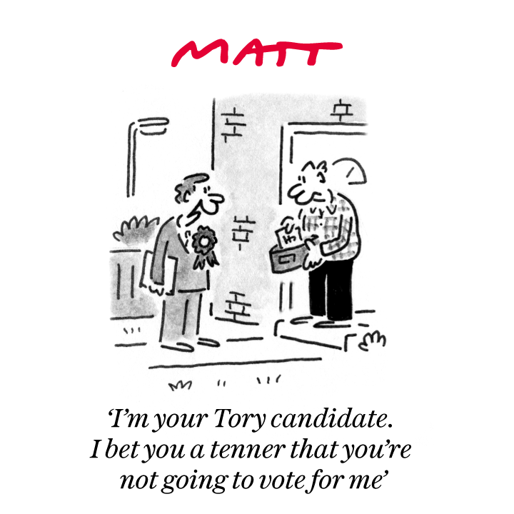 MattCartoonist's tweet image. 'I'm your Tory candidate. I bet you a tenner that you're not going to vote for me'

My latest cartoon for tomorrow's @Telegraph

Buy a print of my cartoons at telegraph.co.uk/mattprints

Original artwork from chrisbeetles.com