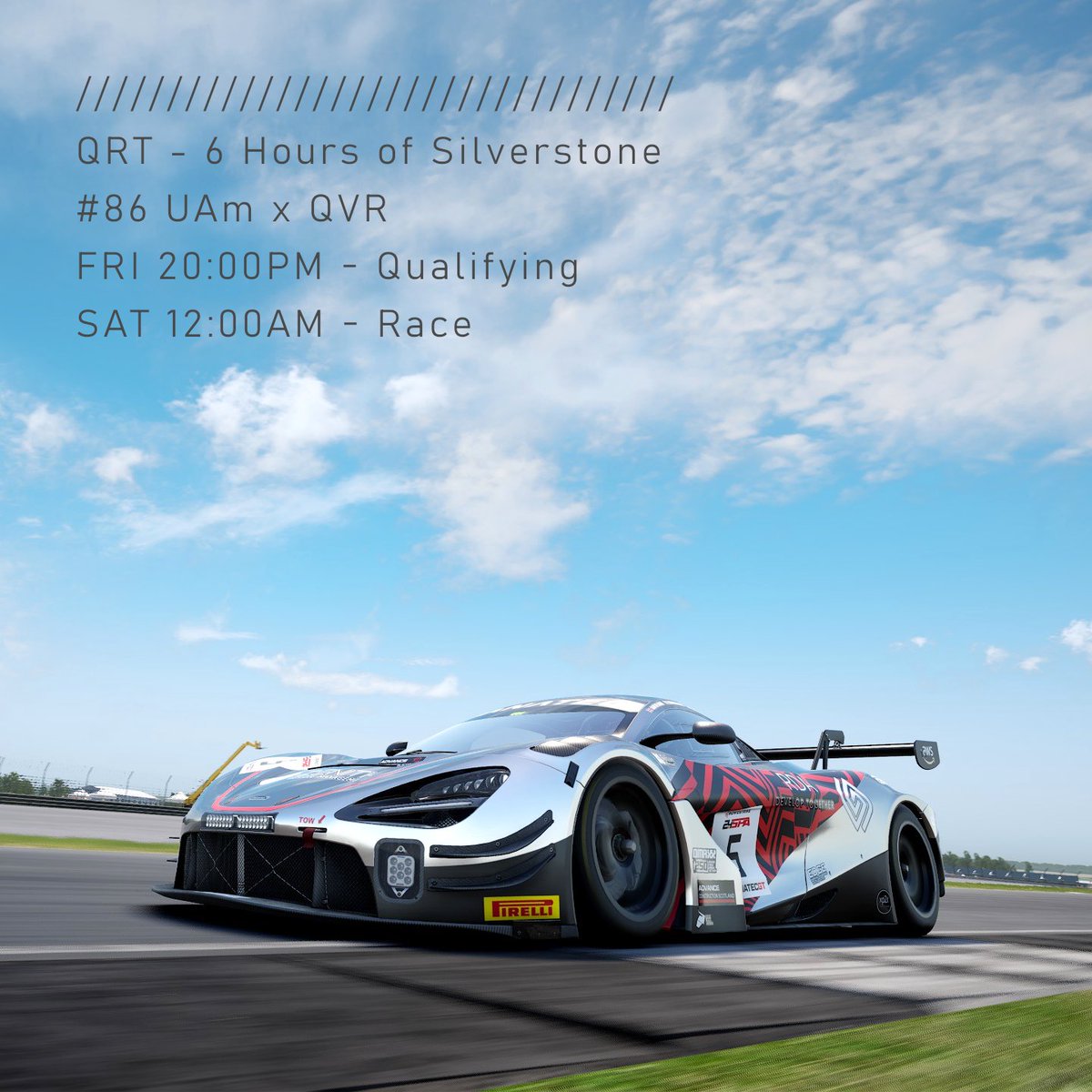 This weekend we'll be racing in the <a href="/QRT_eSports/">QRT | eSports Community</a> 6 Hours of Silverstone. 

Since qualifying is scheduled for Friday, there'll be action out on track for 2 days!