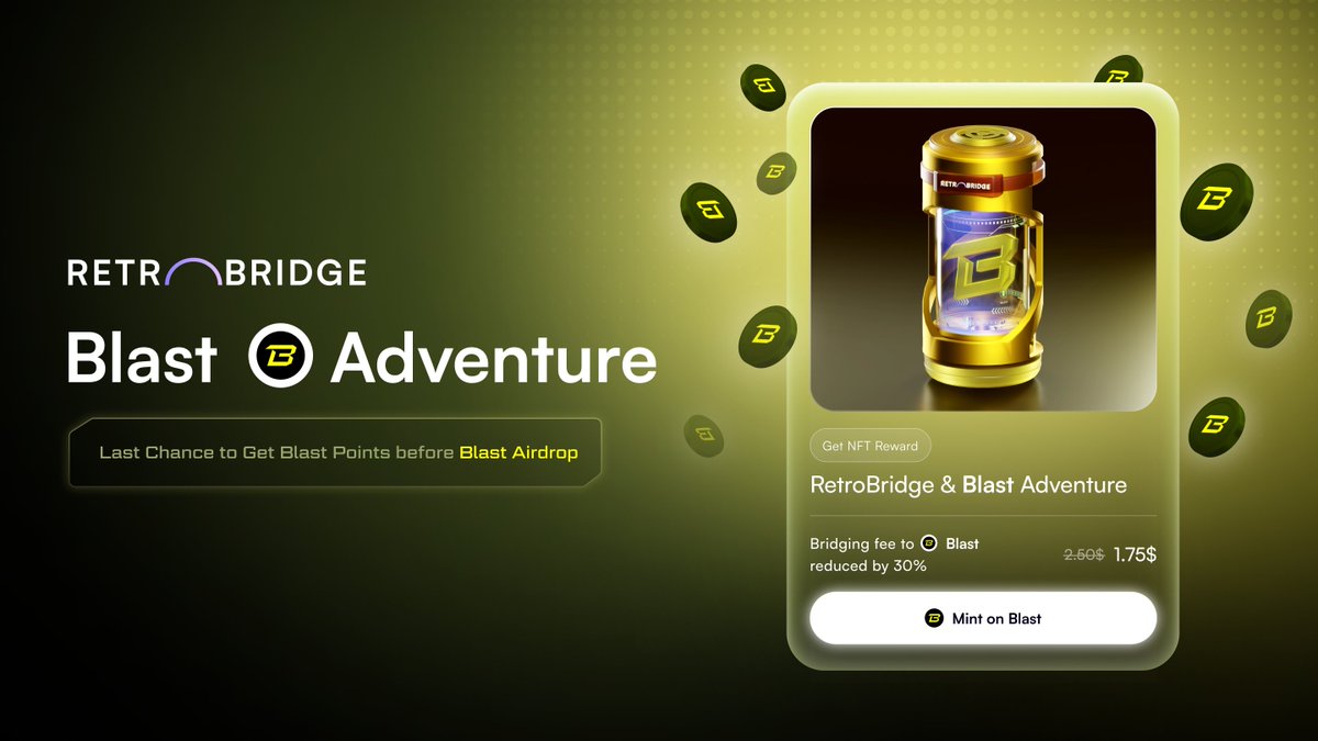 🔮 RetroBridge &amp; @Blast_L2 Pre-Airdrop Adventure 

🌉 Bridge ETH to get Blast #points by holding them on Blast

Make sure to bridge $ETH to Blast before June 25th to maximize your earnings before the upcoming Blast Airdrop 🪂

retrobridge.io/adventures/bla…

🧵...