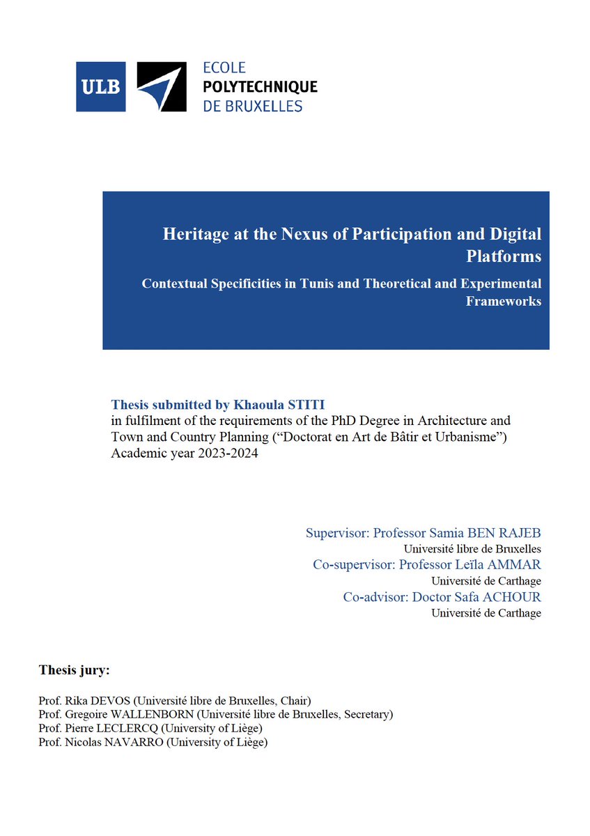 My PhD research "Heritage at the Nexus of Participation and Digital Platforms" is available on <a href="/ResearchGate/">ResearchGate</a>: researchgate.net/publication/38… 
#Heritage #Participation #Platfroms #Tunis
