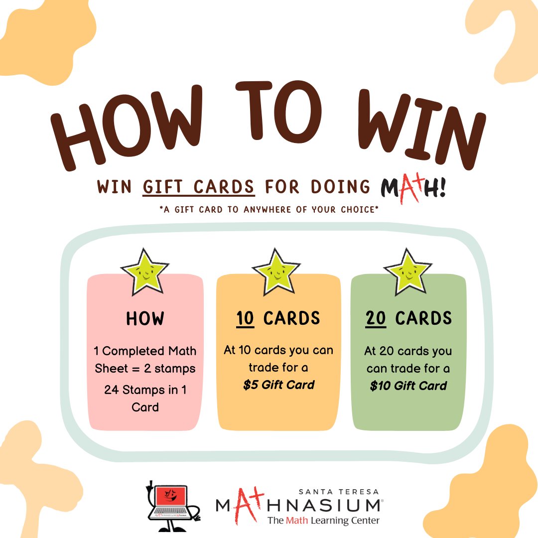 STMathnasium's tweet image. Win gift cards for doing math! 🎉 Complete math sheets to earn stamps. Redeem up to $10 in gift cards. It&apos;s that simple—do math, collect stamps, and redeem for great rewards! Start earning today! 📚✨ #MathRewards #EarnGiftCards #DoMathWinBig