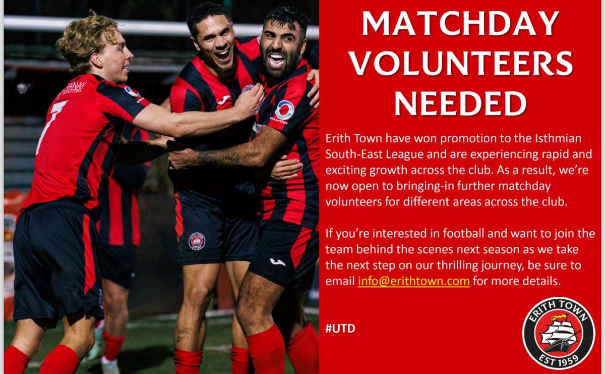 Erith Town FC (@erithtown) on Twitter photo πββοΈ | VOLUNTEERS NEEDED
Interested in joining #TheDockers behind the scenes and helping out on a match day?
Why not join the #DockersFaithful and join the club on our journey into the <a href="/IsthmianLeague/">The Pitching In Isthmian League</a> next season?
π§ Email info@erithtown.com for more info!
#UTD πββοΈ | VOLUNTEERS NEEDED
Interested in joining #TheDockers behind the scenes and helping out on a match day?
Why not join the #DockersFaithful and join the club on our journey into the <a href="/IsthmianLeague/">The Pitching In Isthmian League</a> next season?
π§ Email info@erithtown.com for more info!
#UTD