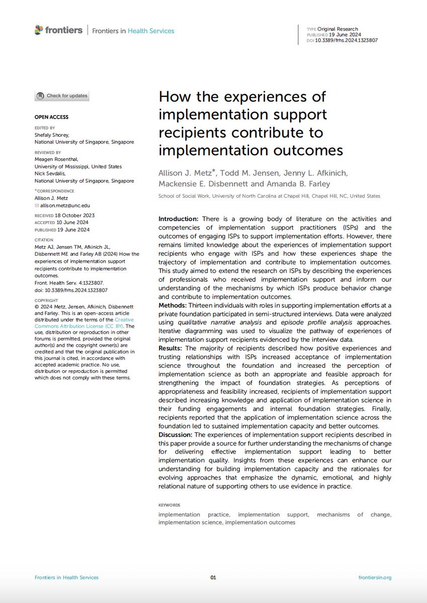 New article describes experiences of #implementation support recipients, provides evidence of mechanisms by which implementation support practitioners contribute to outcomes.  Positive affective responses matter. <a href="/AnnetteBoaz/">Annette Boaz</a> @implementEIC <a href="/toddmjensen/">Todd Jensen</a>  frontiersin.org/articles/10.33…