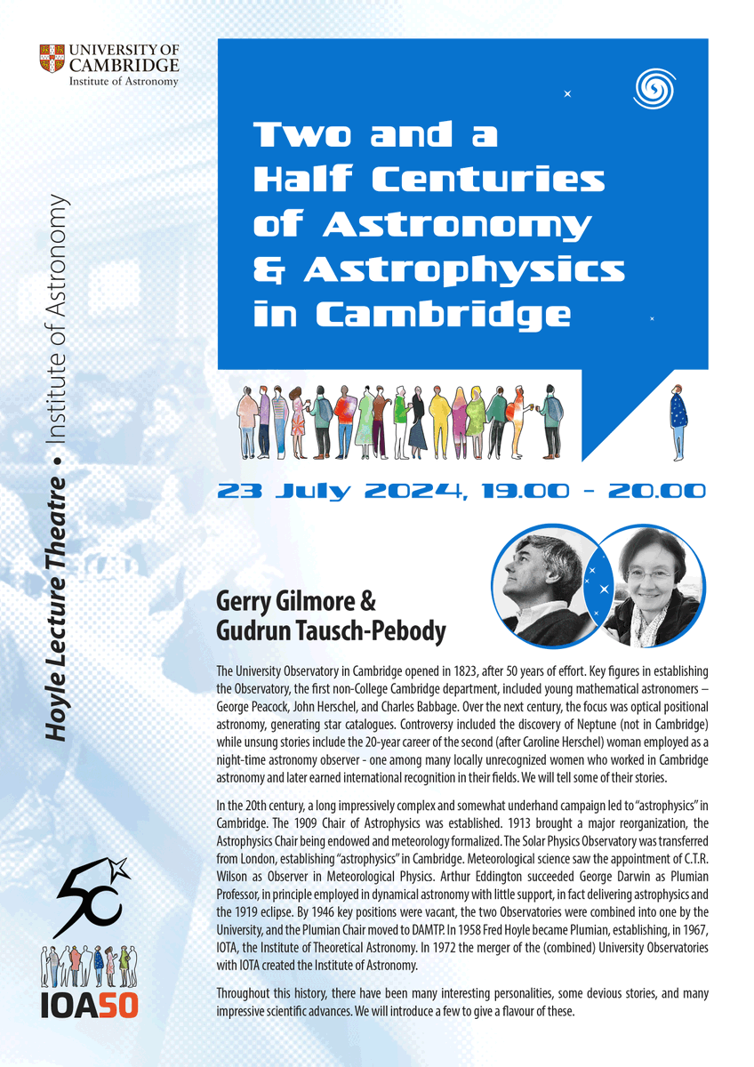 As part of our 50th-year celebration conference, we are holding a series of special public talks.

On Tuesday 23 July, you can hear about "Two and a Half Centuries of Astronomy and Astrophysics in Cambridge". Get a free ticket here: ticketsource.co.uk/institute-of-a…